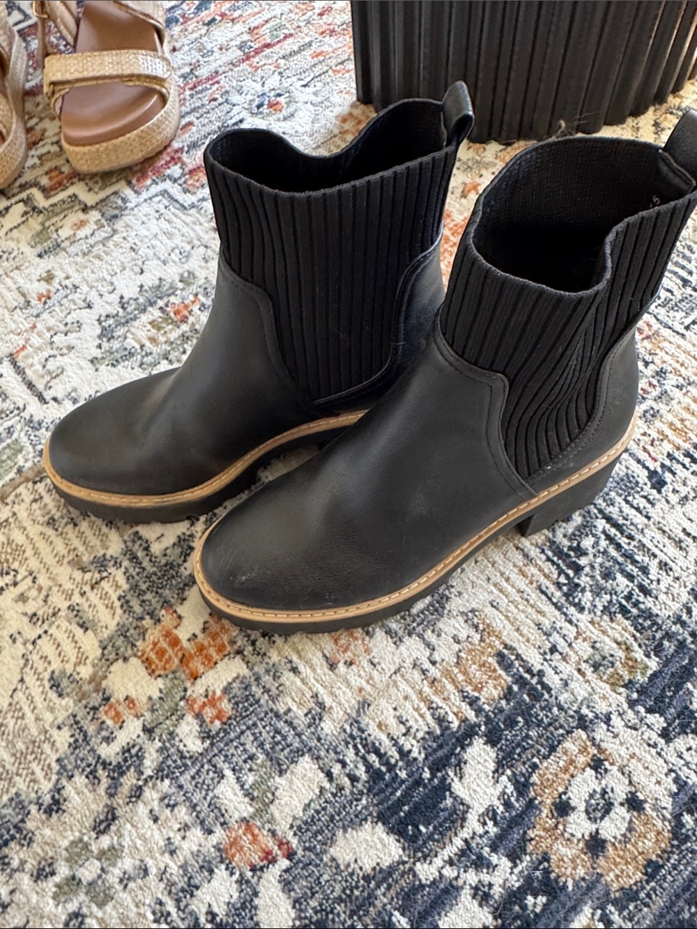 Dolce Vita Black Ribbed Chelsea Ankle Boots with Tan Welt